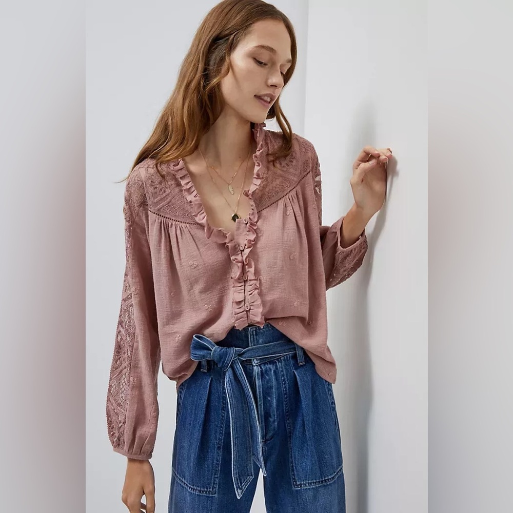 Anthropologie Forever That Girl Rose Lace Boho Peasant Button-Up Blouse Sz 4